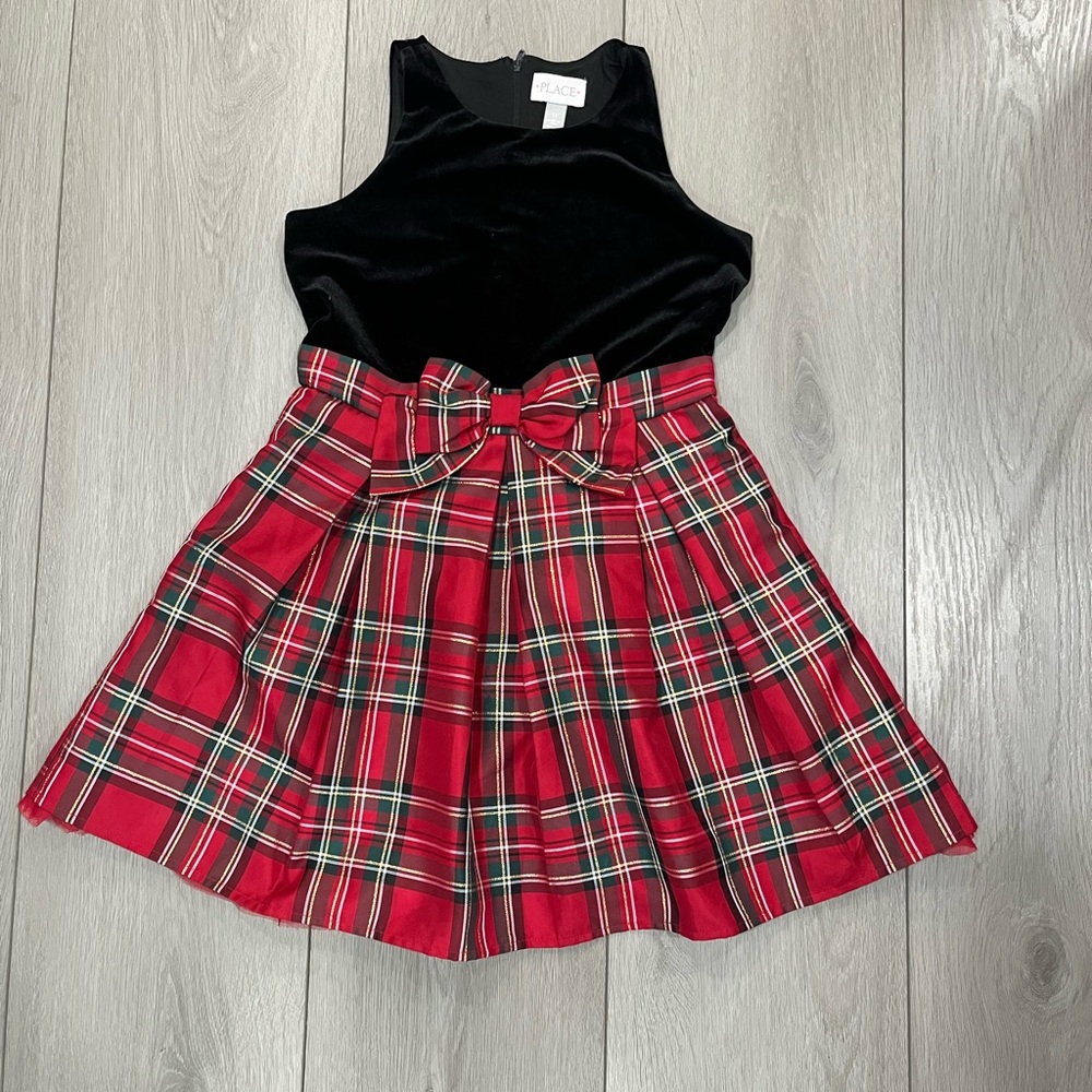 The Childrens Place Black Velvet Red Plaid Christmas Dress